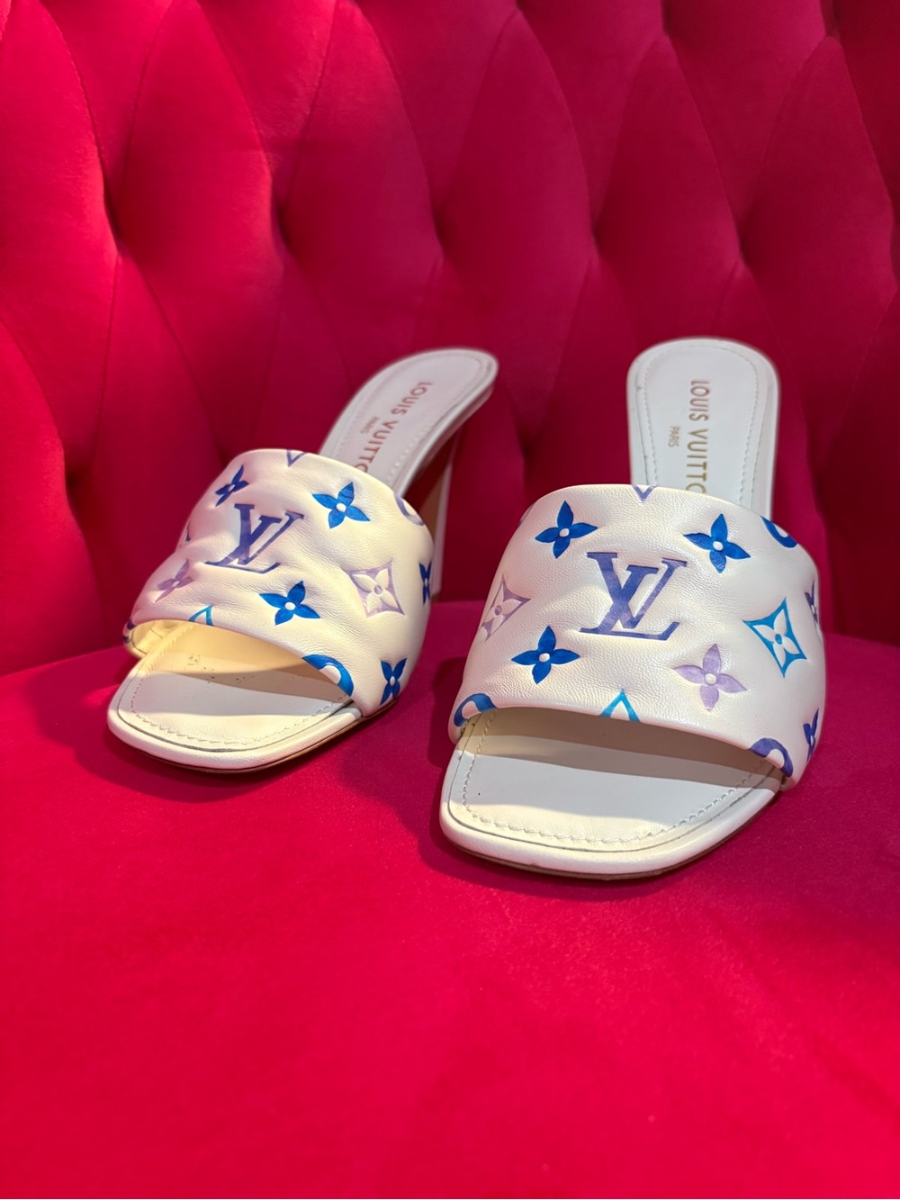 Louis Vuitton White & Blue Monogram Mule Sandals
